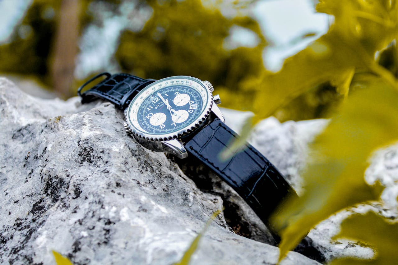 our-story Elegant wristwatch with blue strap placed on a rock surrounded by vibrant foliage.