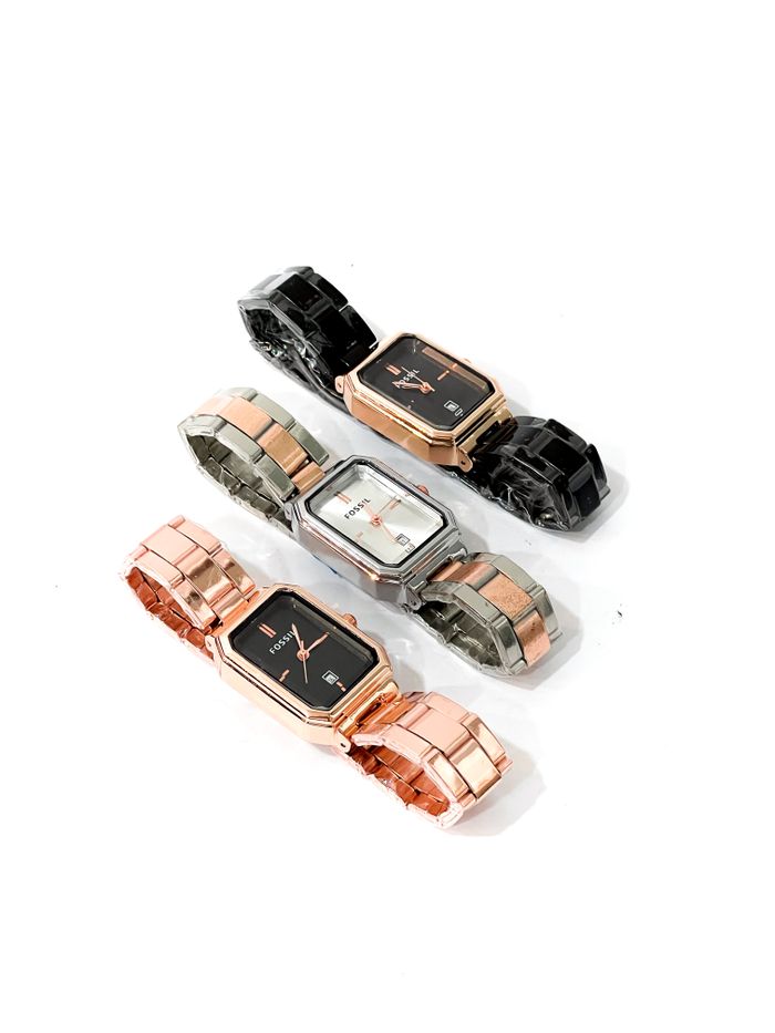 Three stylish rectangular watches in rose gold and black on a white background.